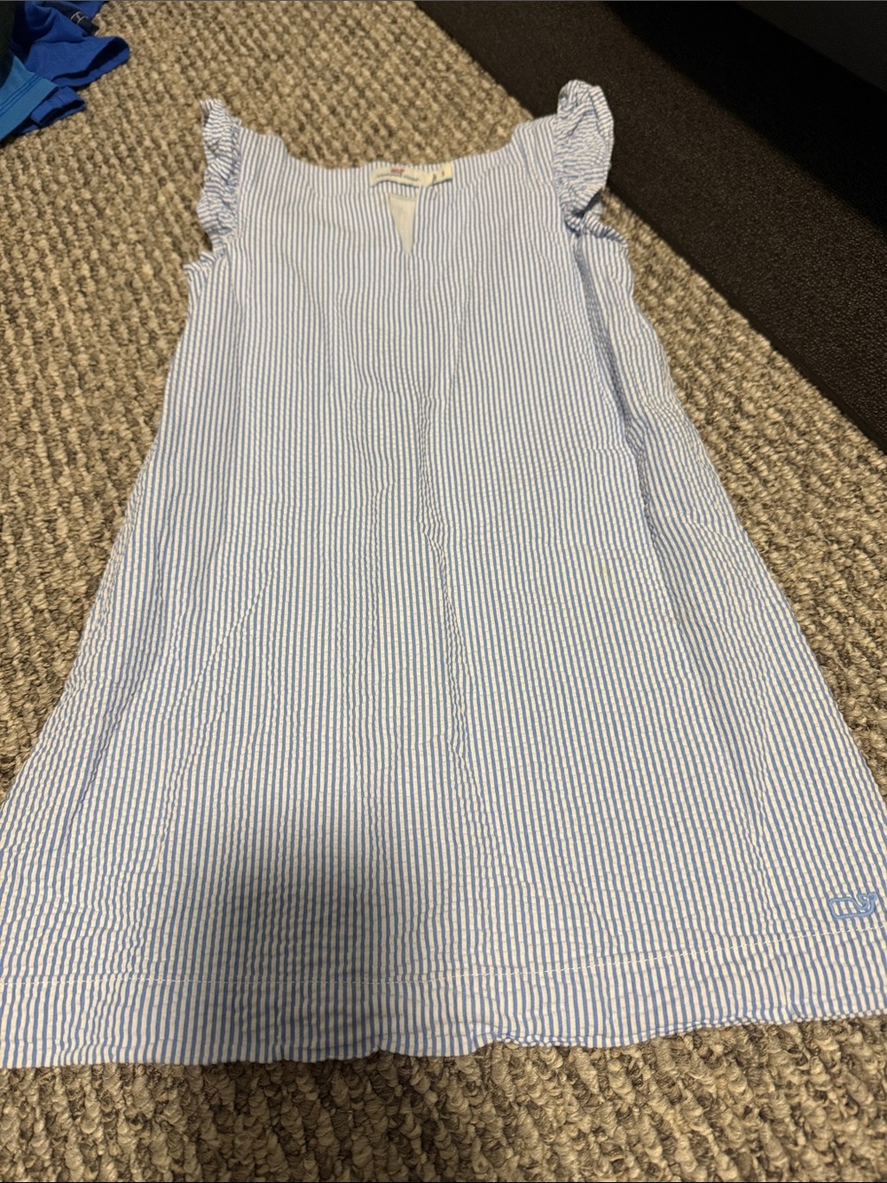 Vineyard Vines Blue and White Seersucker Ruffle Sleeve Dress